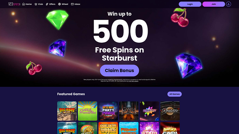 Página inicial do cassino 123Spins para computador