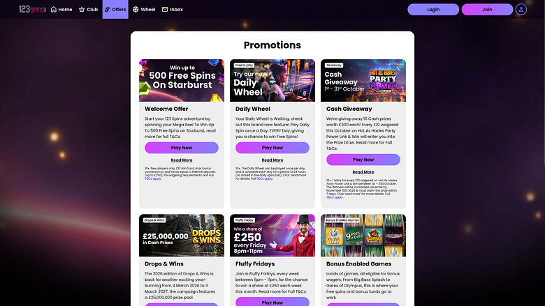 Promoções do Cassino 123Spins para Computador
