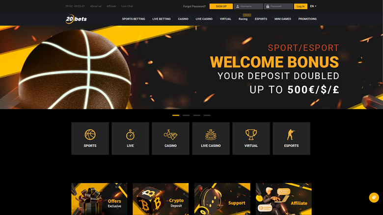 Homepage desktop di 20Bets Casino