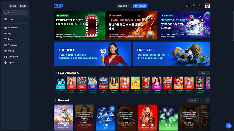 Page d'accueil du casino 2up pour ordinateur