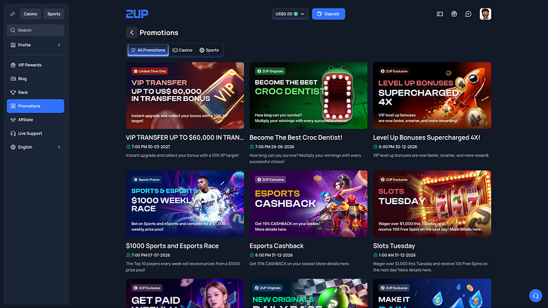 Promotions sur ordinateur de bureau du casino 2up