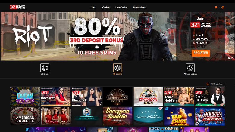 Page d'accueil de bureau de 321Crypto Casino