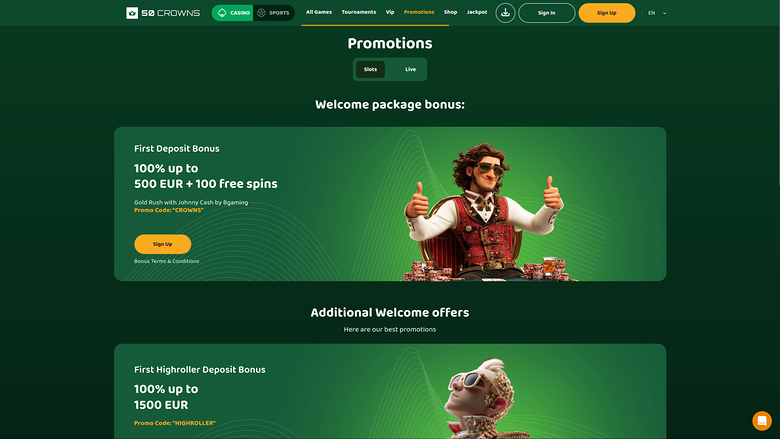 Promociones de escritorio de 50Crowns Casino