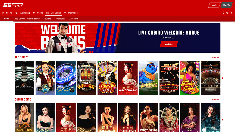 Casino 55Bet sur ordinateur avec croupier en direct