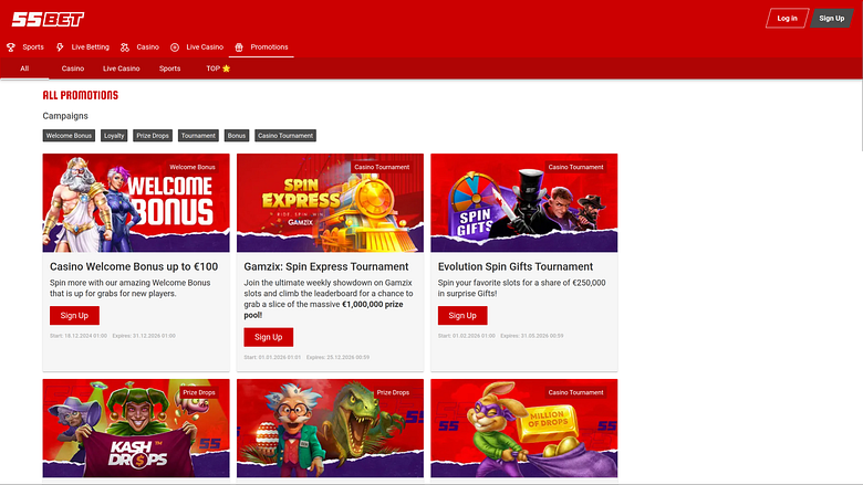 Promotions pour ordinateur de bureau du casino 55Bet