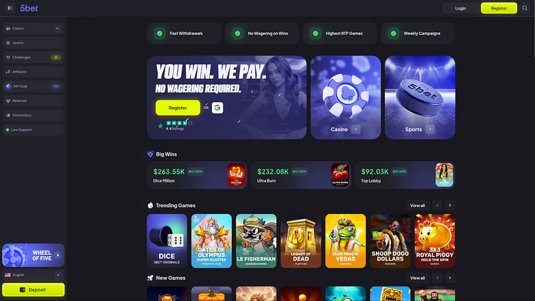 5bet Casino Desktop-Startseite