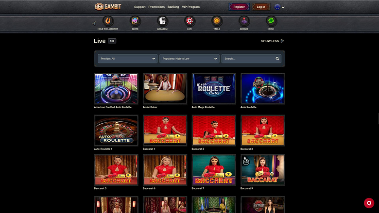 666 Gambit Casino live dealer page 