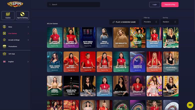 8Spin Casino live dealer page