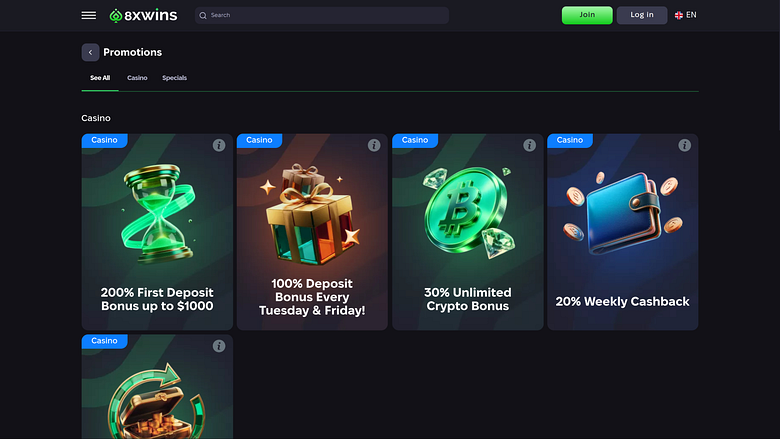 Акции казино 8xwins для настольных компьютеров