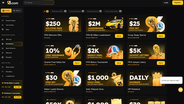 Screenshot della pagina delle promozioni di 96 Casino