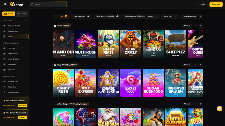 Screenshot della pagina dei giochi di 96 Casino