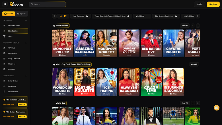 Screenshot della pagina Live Dealer di 96 Casino