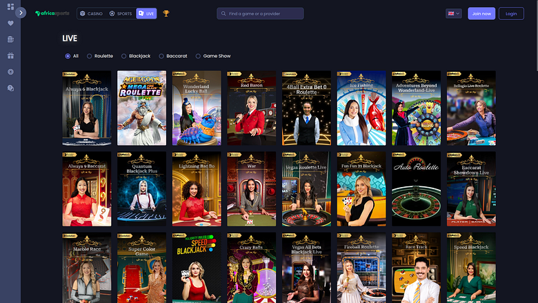 Casino AfricaSports con crupier en vivo para escritorio