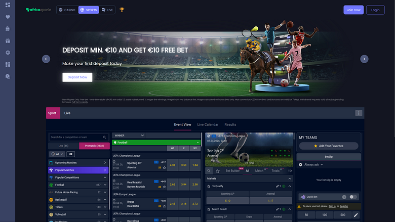 Apuestas deportivas de escritorio en AfricaSports Casino
