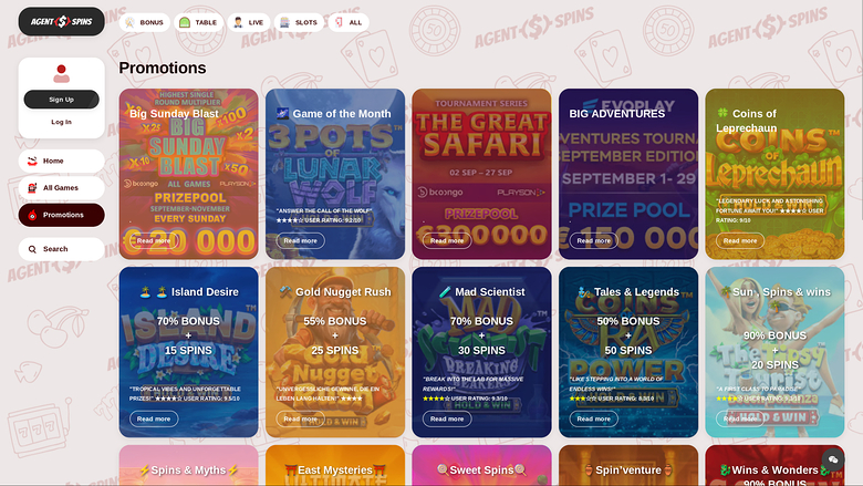 Promotions de bureau de Agent Spins Casino