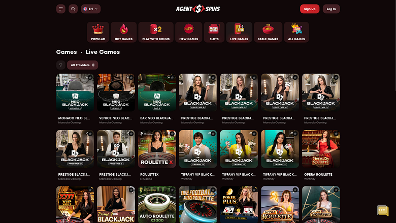 Live-Dealer auf dem Desktop von Agent Spins Casino