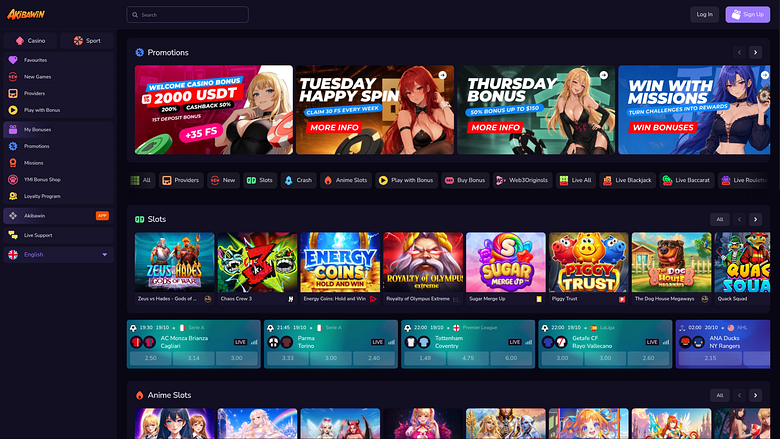 Página de inicio de escritorio del casino Akibawin