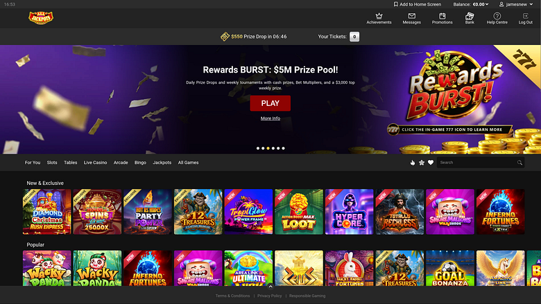 Page d'accueil du casino All Jackpots (ordinateur de bureau)