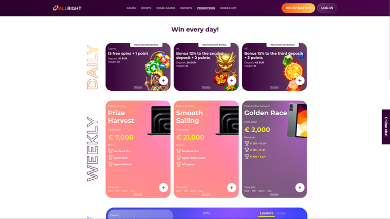 Promotions de bureau de All Right Casino