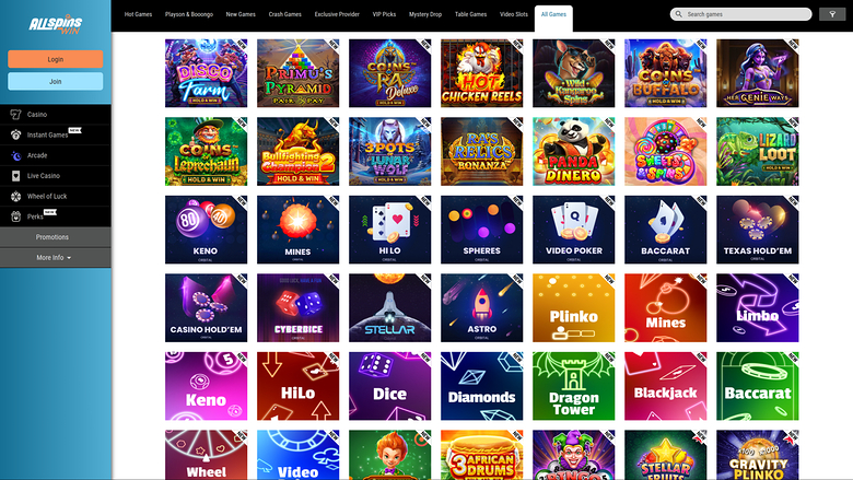 Jeux de bureau de All Spins Win Casino