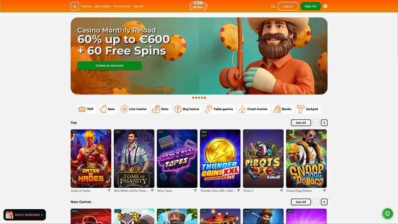 Page d’accueil sur ordinateur de AllSpins Casino