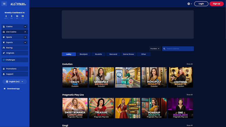 Casinò Allstars.io con croupier dal vivo per desktop