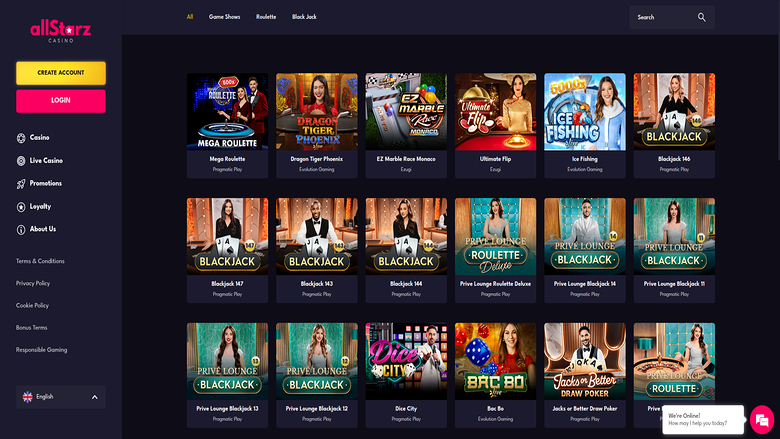 Live Dealers screenshot of Allstarz Casino for Desktop