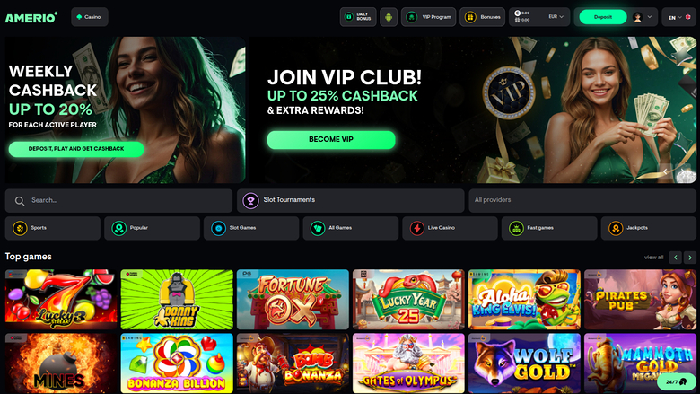 Page d’accueil de Amerio.bet Casino sur ordinateur