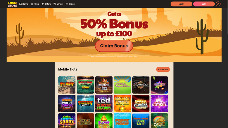 Page d'accueil du casino Amigo Slots pour ordinateur