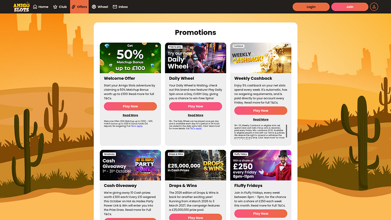 Promotions pour ordinateur de bureau du casino Amigo Slots