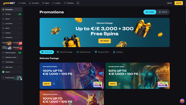 Promozioni desktop del casinò Amonbet