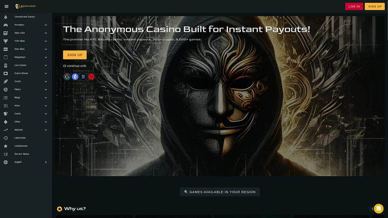 Image de la page d'accueil de bureau d'un casino anonyme