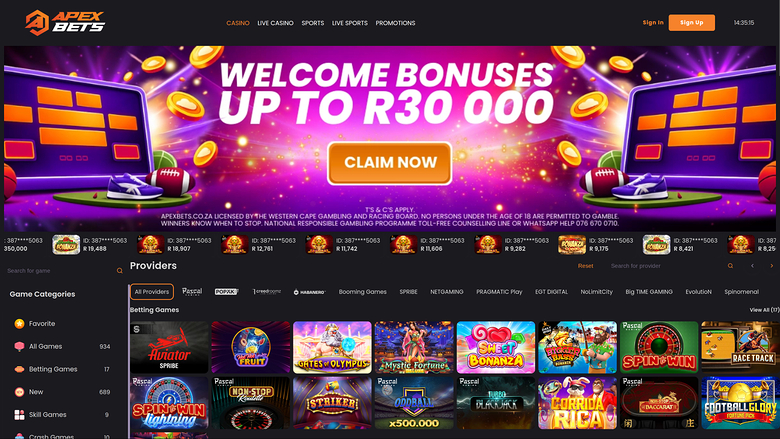 Jeux de casino ApexBets sur ordinateur