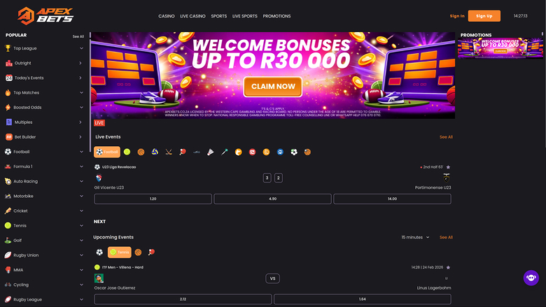 Page d'accueil du casino ApexBets pour ordinateur