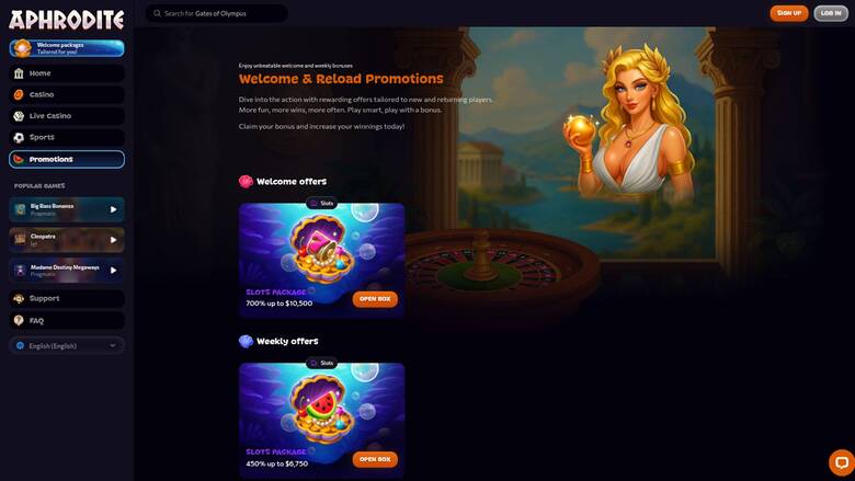 Promotions page screenshot of Aphrodite Casino