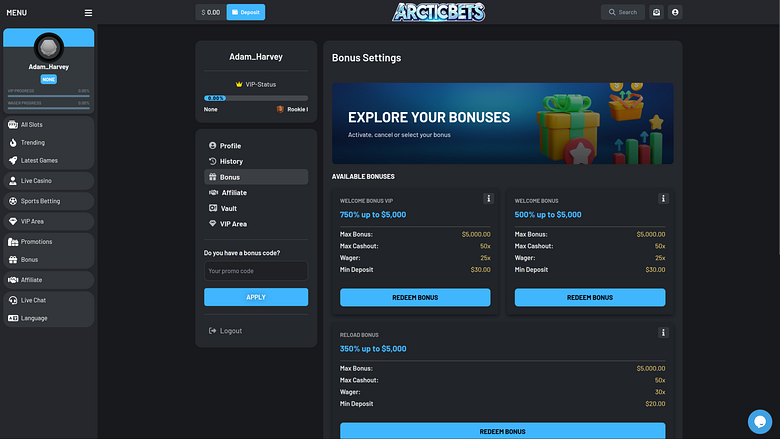 Bonus du casino Arcticbets sur ordinateur