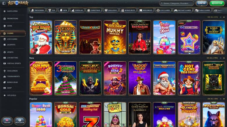 Games page screenshot of AstroMania Casino