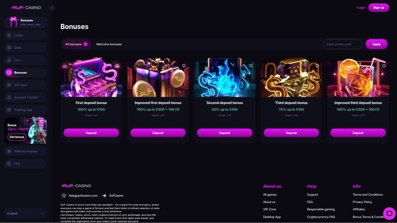 Скриншот страницы промоакций Auf Casino