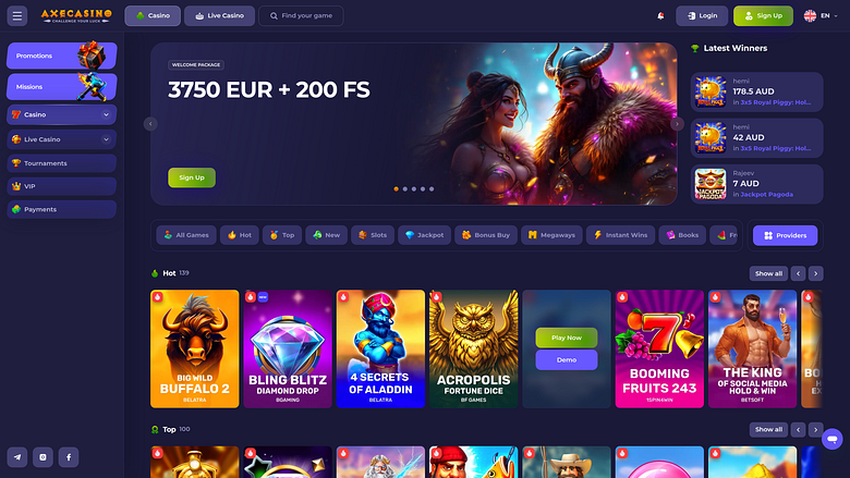 Axe Casino Desktop Homepage
