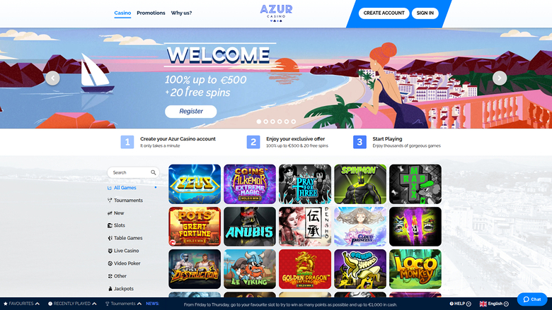 Página de inicio de escritorio de Azur Casino