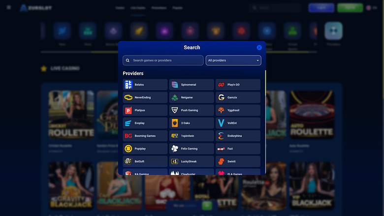 Azur Slot Casino Spielentwickler Desktop