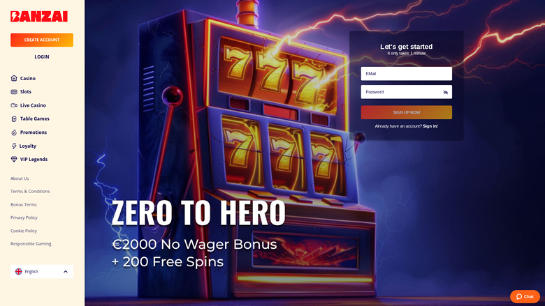 Page d’accueil de Banzai Casino sur ordinateur