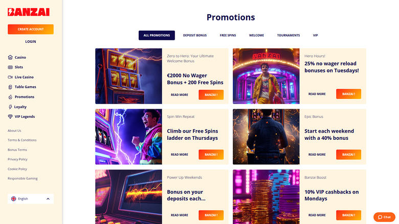 Promotions de Banzai Casino sur ordinateur