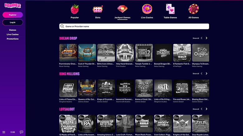 Berriez Casino jackpot page