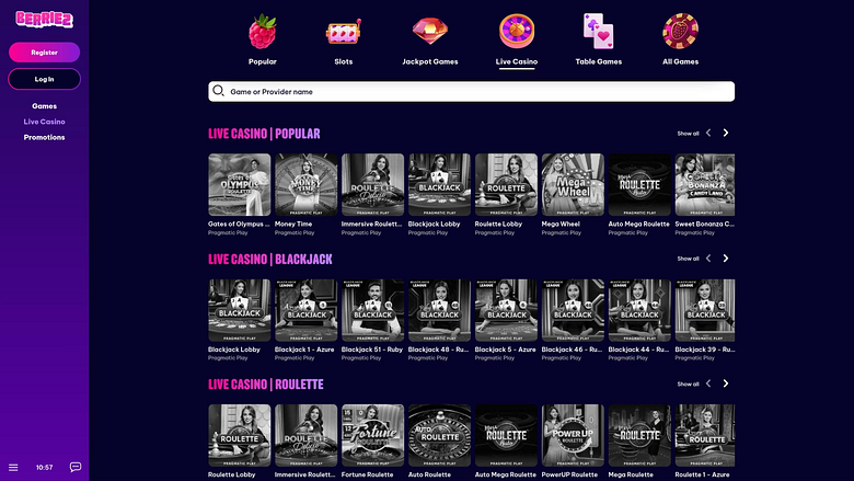 Berriez Casino live dealer page