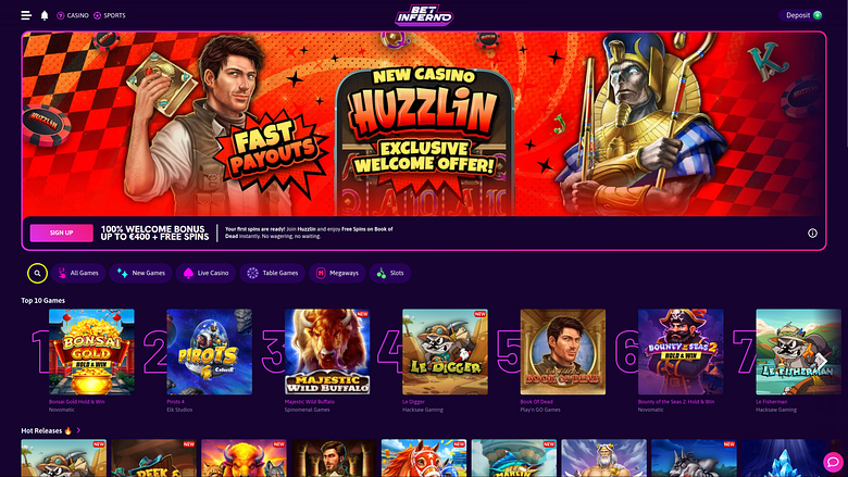Page d’accueil de Bet Inferno Casino sur ordinateur