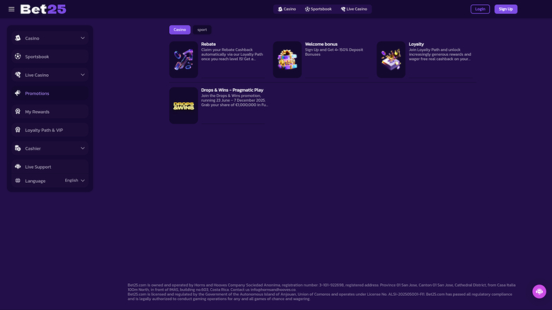 Promotions du casino Bet25