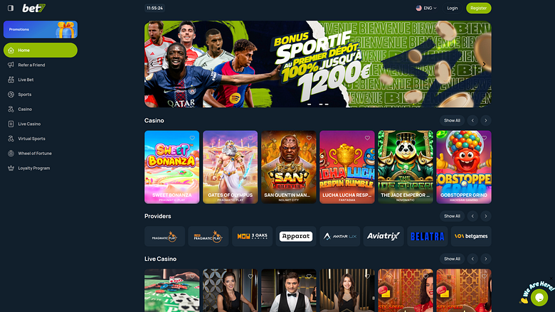 Page d'accueil du casino bet7 sur ordinateur