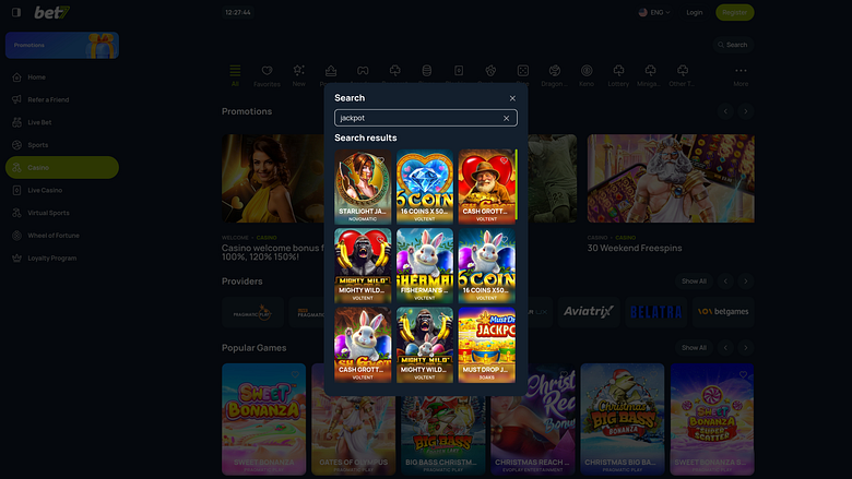 Jackpot du casino bet7 sur ordinateur
