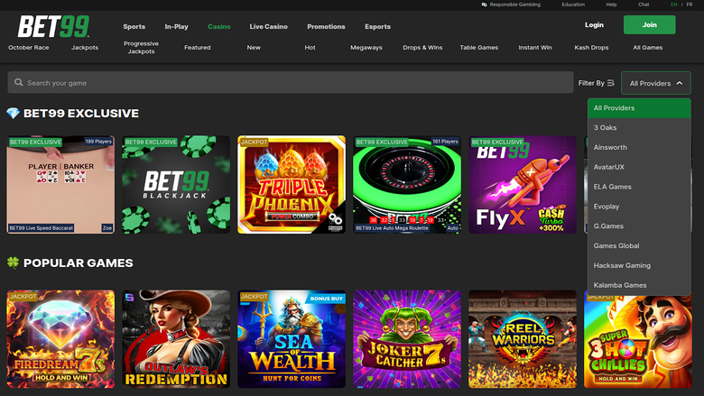 Desarrolladores de juegos de Bet99 Casino en escritorio